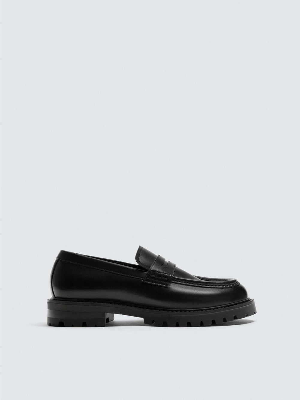 Zara Black Leather Lug-Sole Penny Loafers